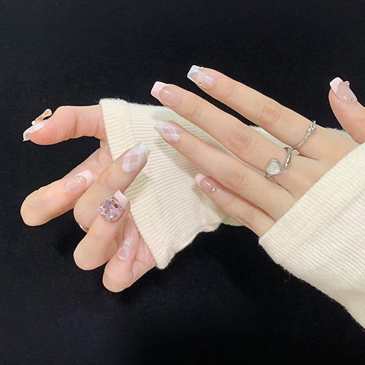 Chic Elegance Medium Square Pink and Clear with Sparkling Gem Accent Press On Nail Set