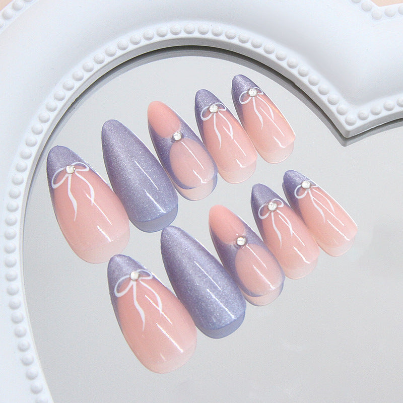 Charming Pastel Press on Nail Set Long Almond Shape Ombre Pink and Lavender with Elegant Bow Accents