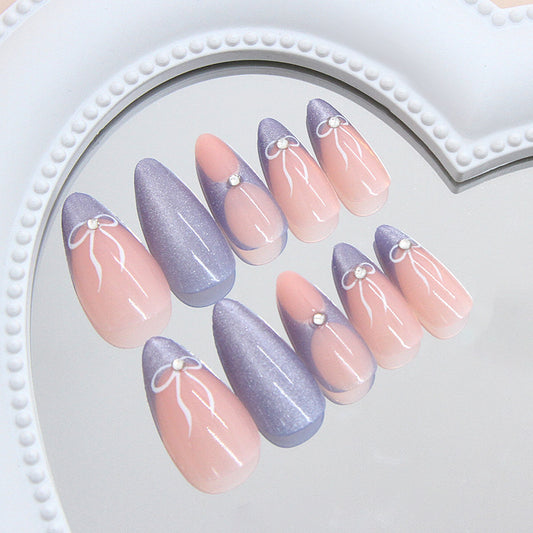 Charming Pastel Press on Nail Set Long Almond Shape Ombre Pink and Lavender with Elegant Bow Accents