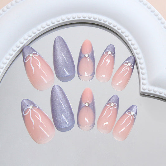 Whimsical Elegance Long Almond Press On Nails in Pastel Pink and Purple with Charming Bow Accents