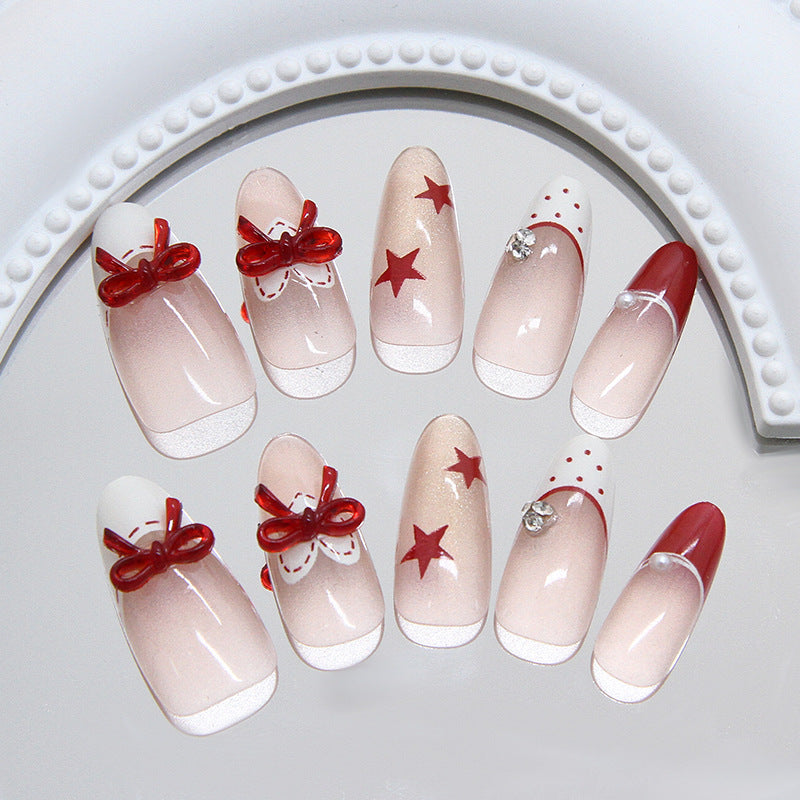 Charming Holiday Cheer Medium Almond Shaped Clear Pink with Red Bows and Stars Press On Nail Set