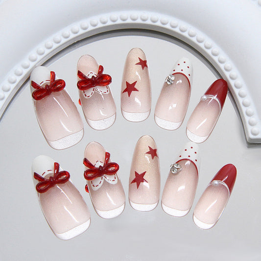 Charming Holiday Cheer Medium Almond Shaped Clear Pink with Red Bows and Stars Press On Nail Set