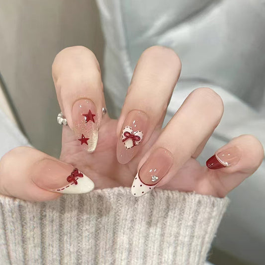 Charming Celebration Medium Almond Beige with Red Accents and Adorable Bow Design Press On Nail Set
