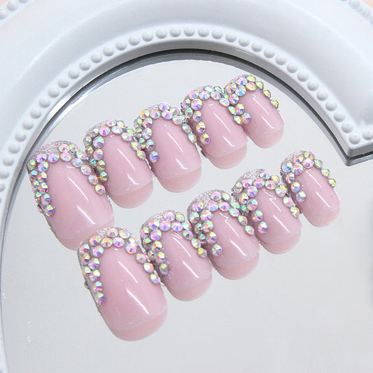 Glamorous Fairy Tale Short Square Soft Pink Press-On Nail Set with Dazzling Rhinestone Accents