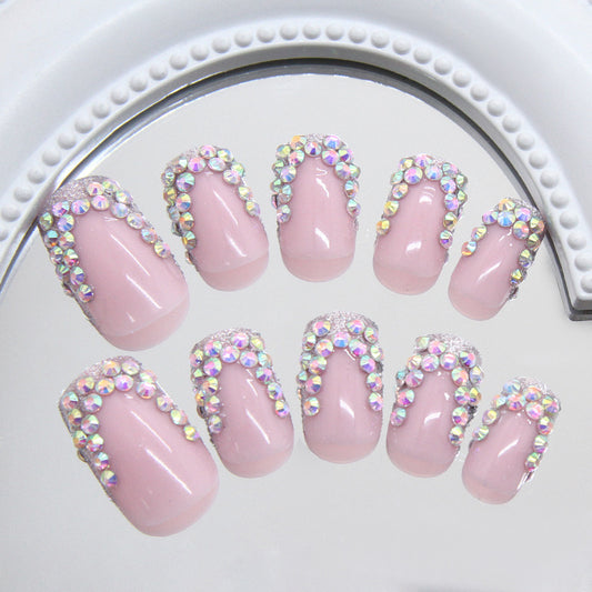 Glamorous Elegance Short Square Press On Nails in Soft Pink with Iridescent Gem Accents