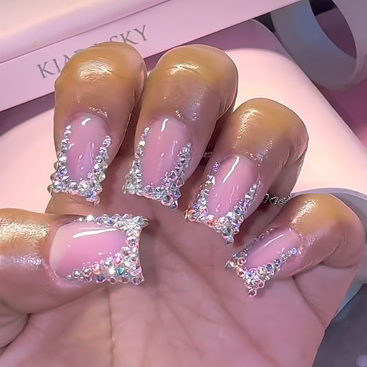 Sparkling Elegance Long Duck Blush Pink Press On Nail Set with Dazzling Rhinestone Accent