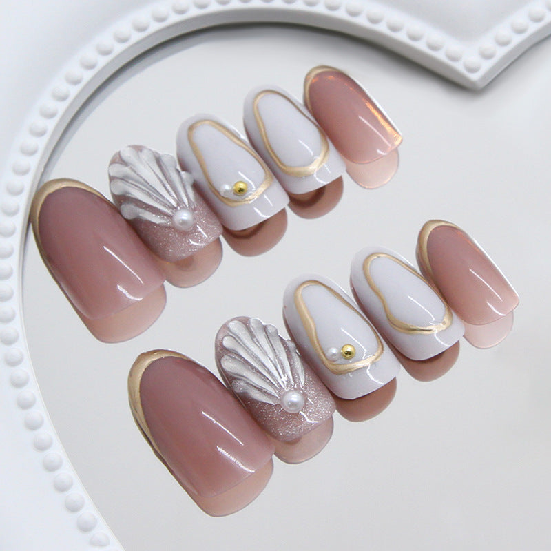 Oceanic Elegance Medium Oval Shaped Blush Pink and White Press On Nail Set with Shell and Pearl Accents