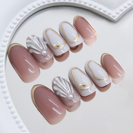 Oceanic Elegance Medium Oval Shaped Blush Pink and White Press On Nail Set with Shell and Pearl Accents