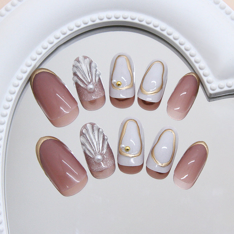 Beach Bliss Elegance Medium Oval Pink and White with Pearl Accent Nail Set