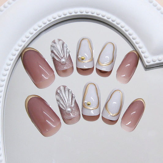 Beach Bliss Elegance Medium Oval Pink and White with Pearl Accent Nail Set