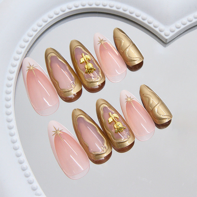 Ethereal Charm Extra Long Almond Pink and Gold Glittery Press On Nail Set