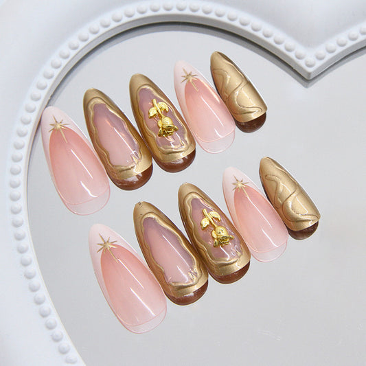 Ethereal Charm Extra Long Almond Pink and Gold Glittery Press On Nail Set