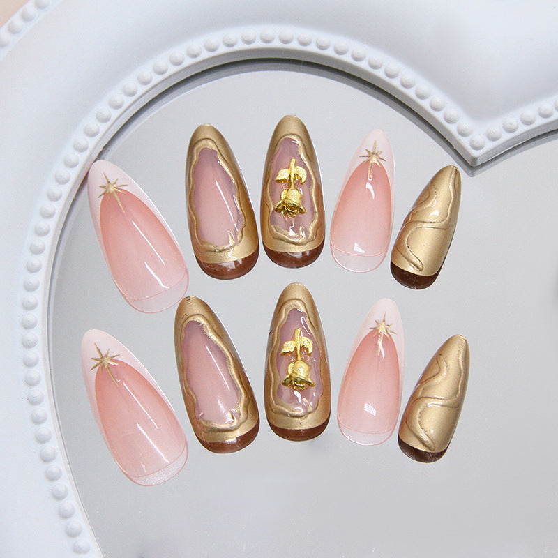 Celestial Elegance Long Almond Pink and Gold Press On Nail Set with Unique Embellishments