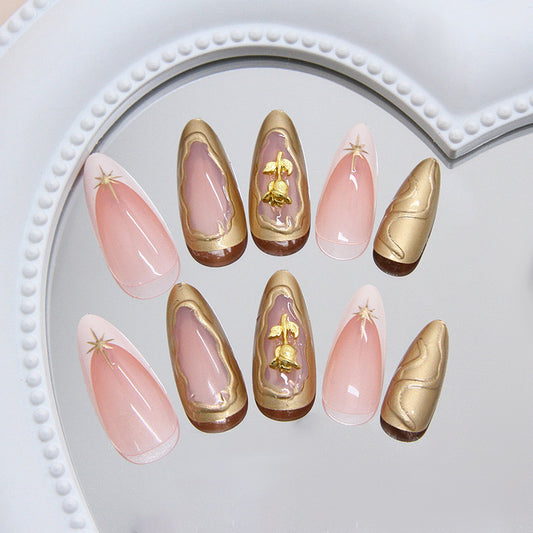 Celestial Elegance Long Almond Pink and Gold Press On Nail Set with Unique Embellishments