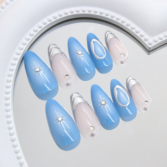 Enchanted Ocean Inspired Medium Almond Shaped Sky Blue and Crystal Accented Press On Nail Set