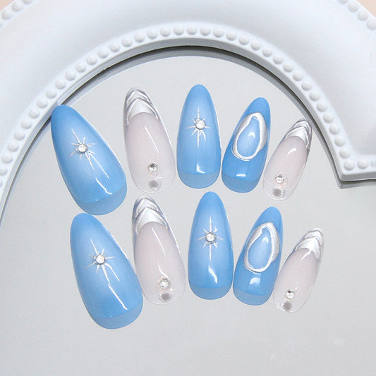 Celestial Dream Medium Almond Blue and Clear Press On Nail Set with Sparkling Gem Accents
