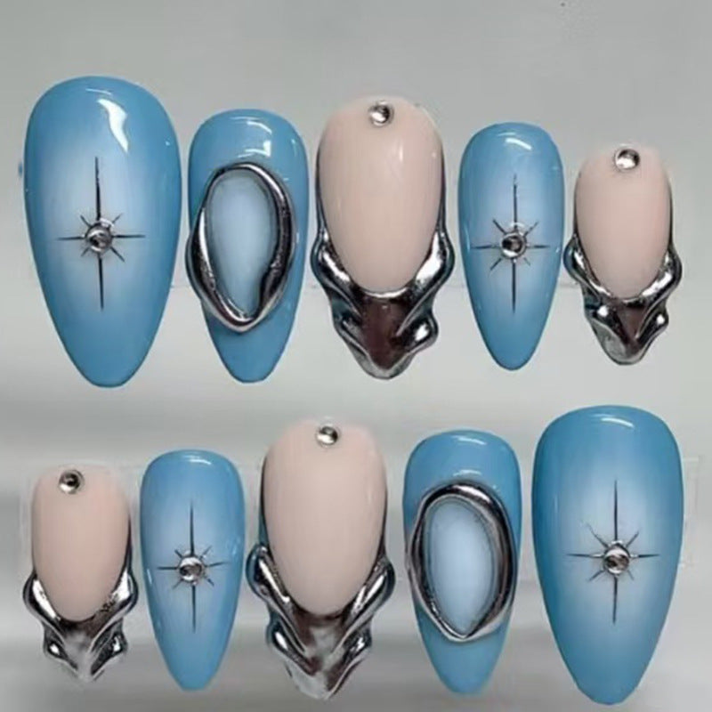 Celestial Charm Glossy Medium Almond Shaped Sky Blue Press On Nail Set with Unique Metallic Accents