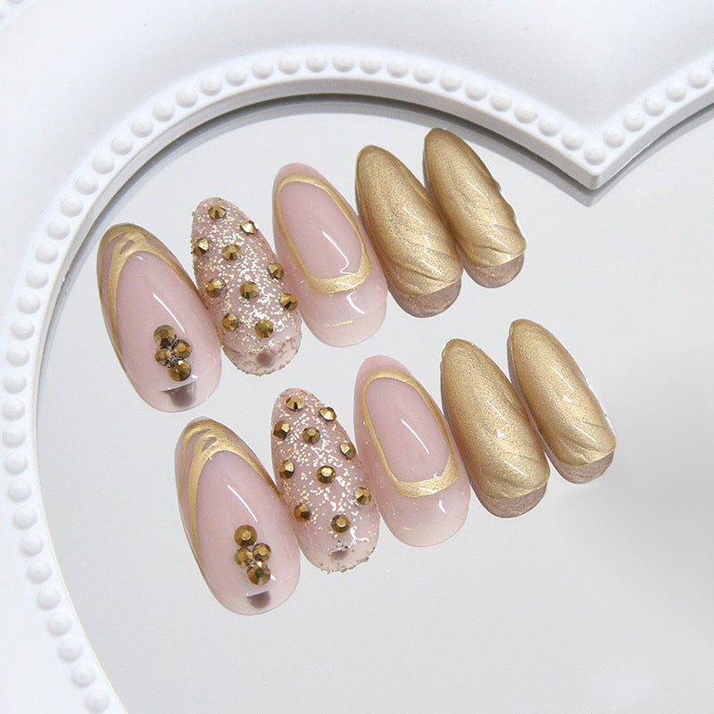 Glamorous Elegance Medium Almond Shaped Blush Pink with Gold Accents and Sparkling Rhinestones Press-On Nail Set