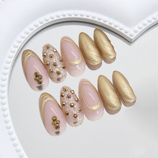 Glamorous Elegance Medium Almond Shaped Blush Pink with Gold Accents and Sparkling Rhinestones Press-On Nail Set