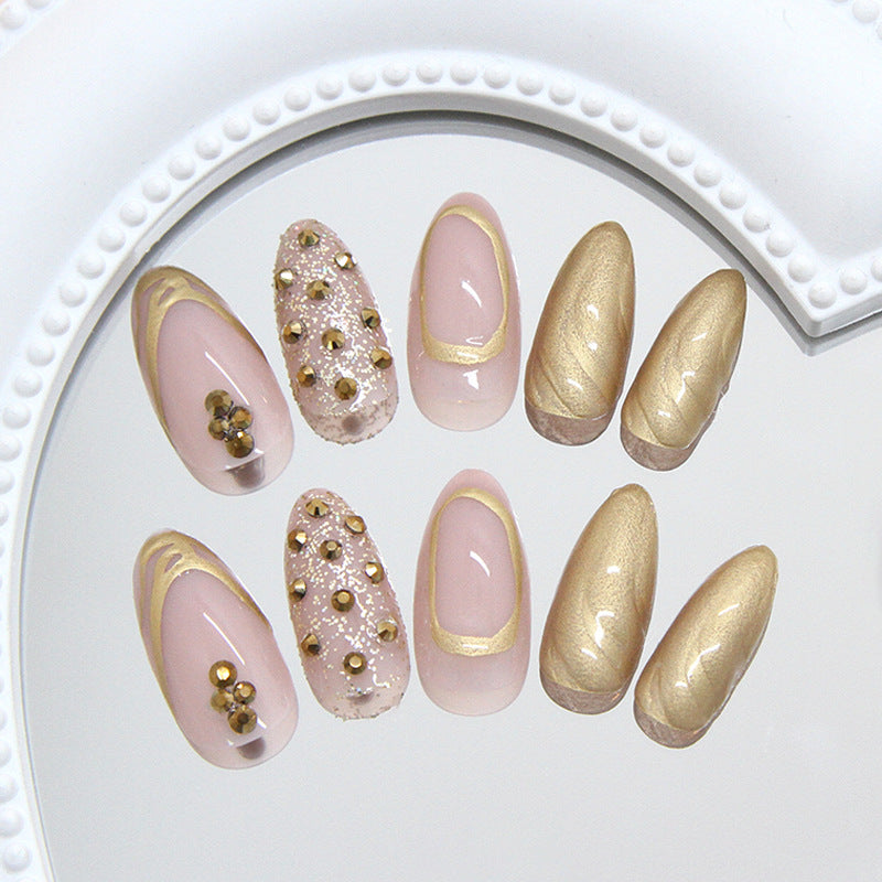 Glamorous Elegance Medium Almond Blush Pink with Gold Accents and Intricate Gem Detailing Press On Nail Set