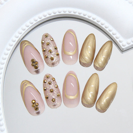 Glamorous Elegance Medium Almond Blush Pink with Gold Accents and Intricate Gem Detailing Press On Nail Set