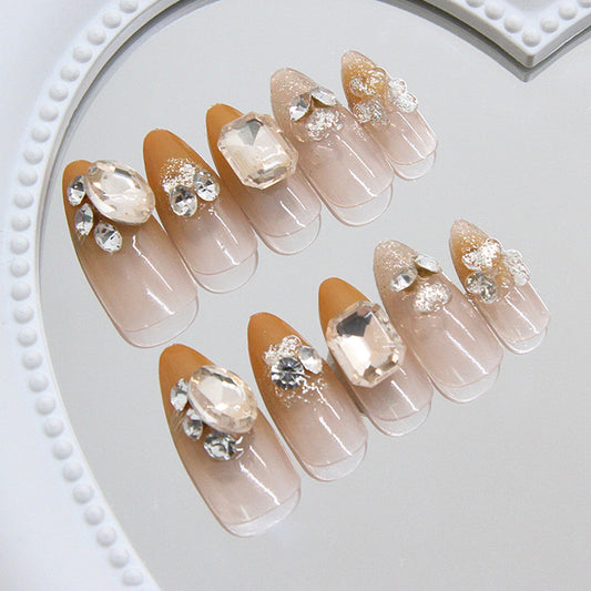 Glamorous Elegance Medium Almond Beige with Sparkling Crystal Accents Press on Nail Set