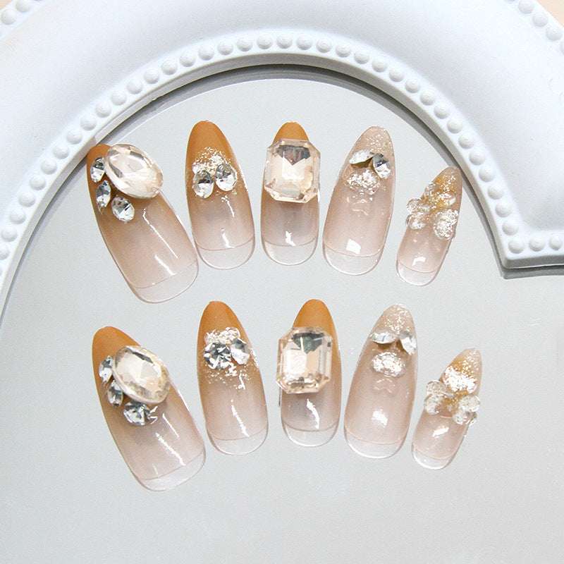 Glamorous Elegance Medium Almond Champagne Press On Nail Set with Sparkling Gemstone Accents