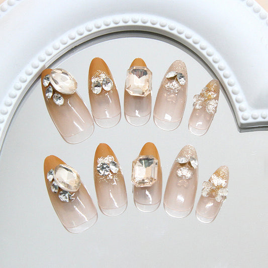Glamorous Elegance Medium Almond Champagne Press On Nail Set with Sparkling Gemstone Accents
