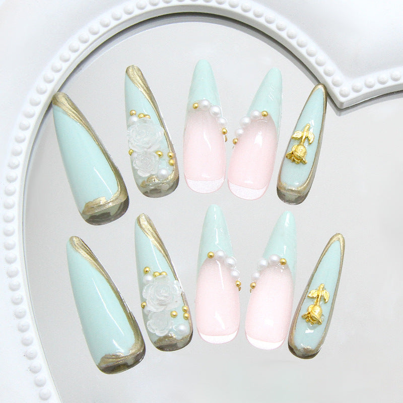 Whimsical Garden Inspired Long Stiletto Mint Green and Soft Pink Press On Nail Set with Elegant Floral and Pearl Accents