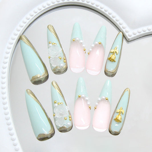 Whimsical Garden Inspired Long Stiletto Mint Green and Soft Pink Press On Nail Set with Elegant Floral and Pearl Accents
