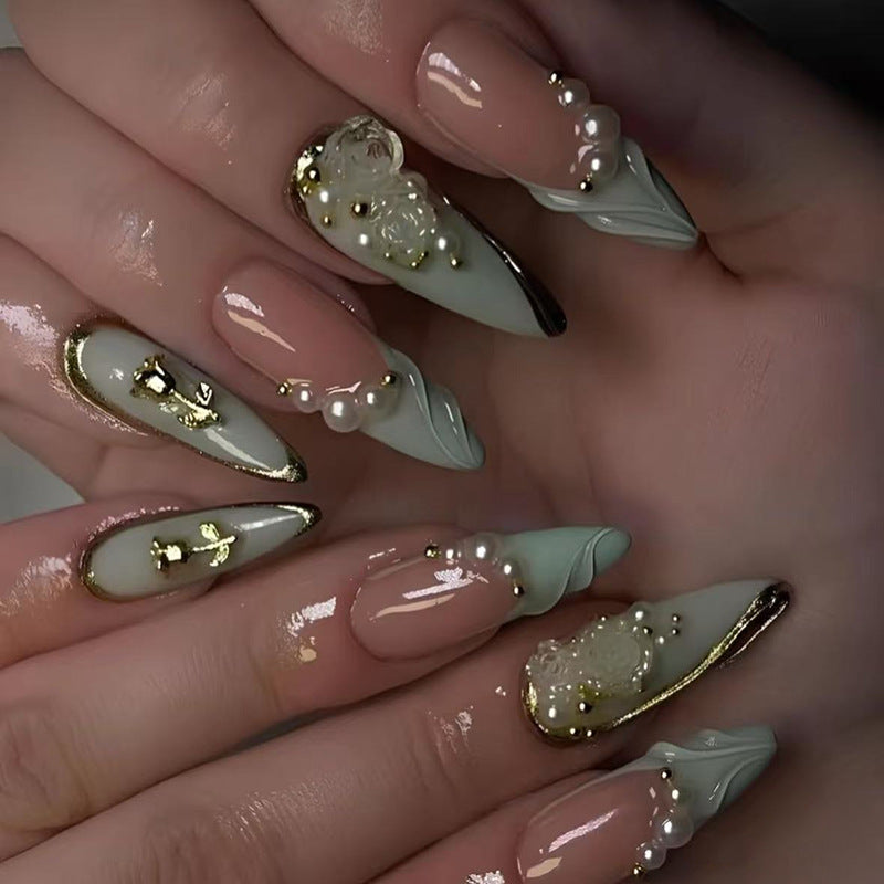 Ethereal Elegance Long Almond Shaped Soft Green Press On Nail Set with Intricate Gold and Pearl Accents