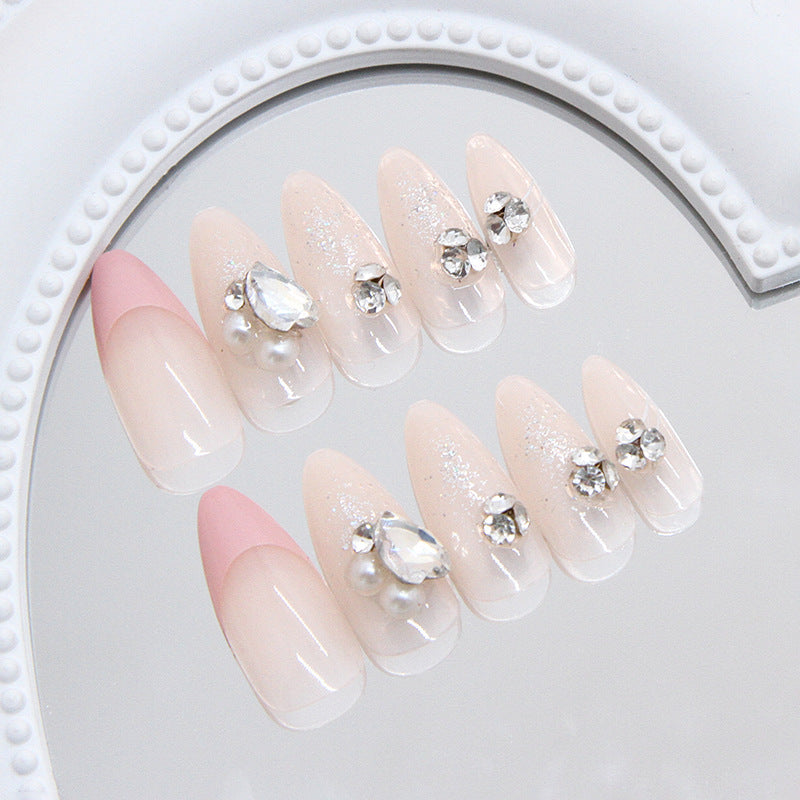 Glamorous Elegance Medium Almond Pink and Beige Gradient with Rhinestone Accents Press On Nail Set