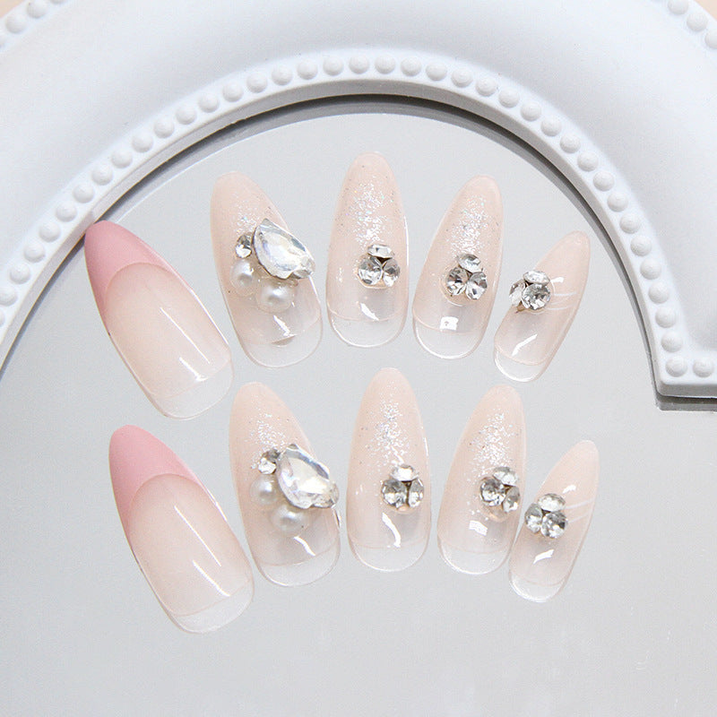 Elegant Serenity Medium Almond Pink and Clear Press-On Nail Set with Dazzling Gem Accents
