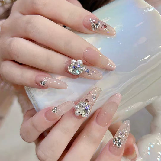 Glimmering Fairy Tale Long Almond Shape Beige Color with Stunning Gemstone Accents Press On Nail Set