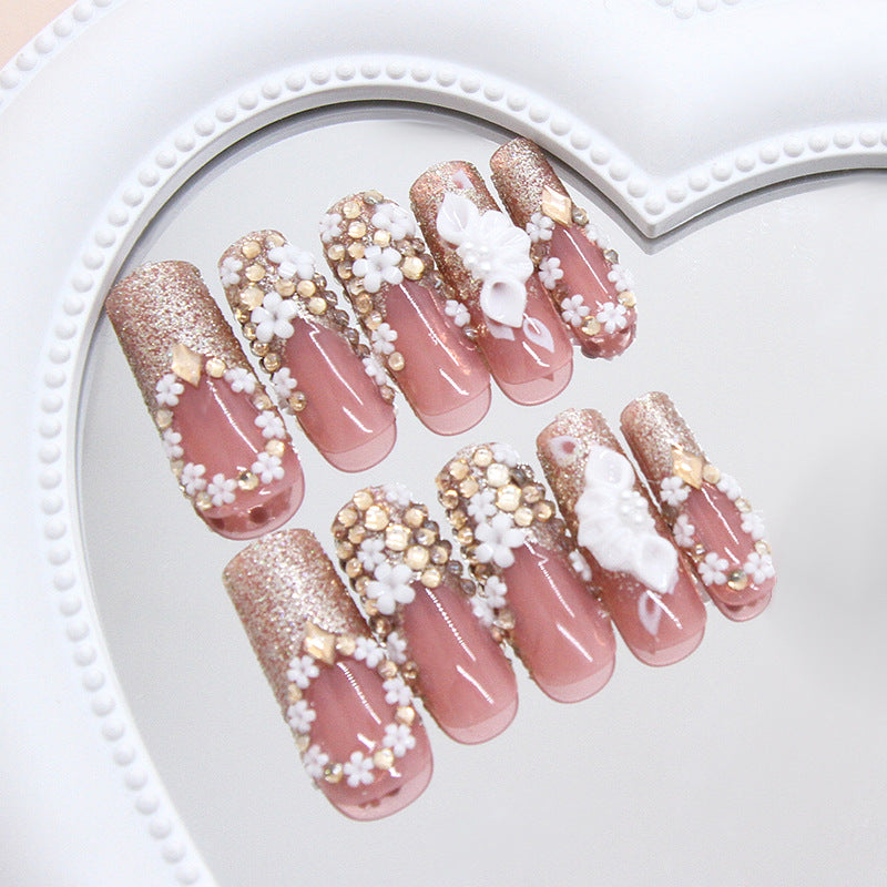 Blooming Elegance Long Square Blush Pink and Sparkling Gold with Floral and Butterfly Accents Nail Set