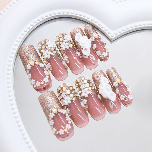 Blooming Elegance Long Square Blush Pink and Sparkling Gold with Floral and Butterfly Accents Nail Set