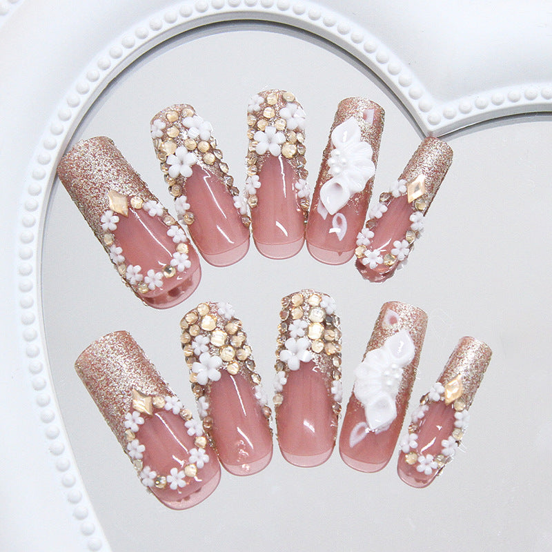 Enchanted Garden Long Square Pink with Floral Embellishments and Glitter Accents Press-On Nail Set