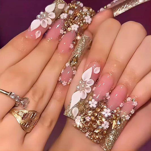 Whimsical Garden Long Square Blush Pink Shimmering Floral and Gemstone Accents Press-On Nail Set