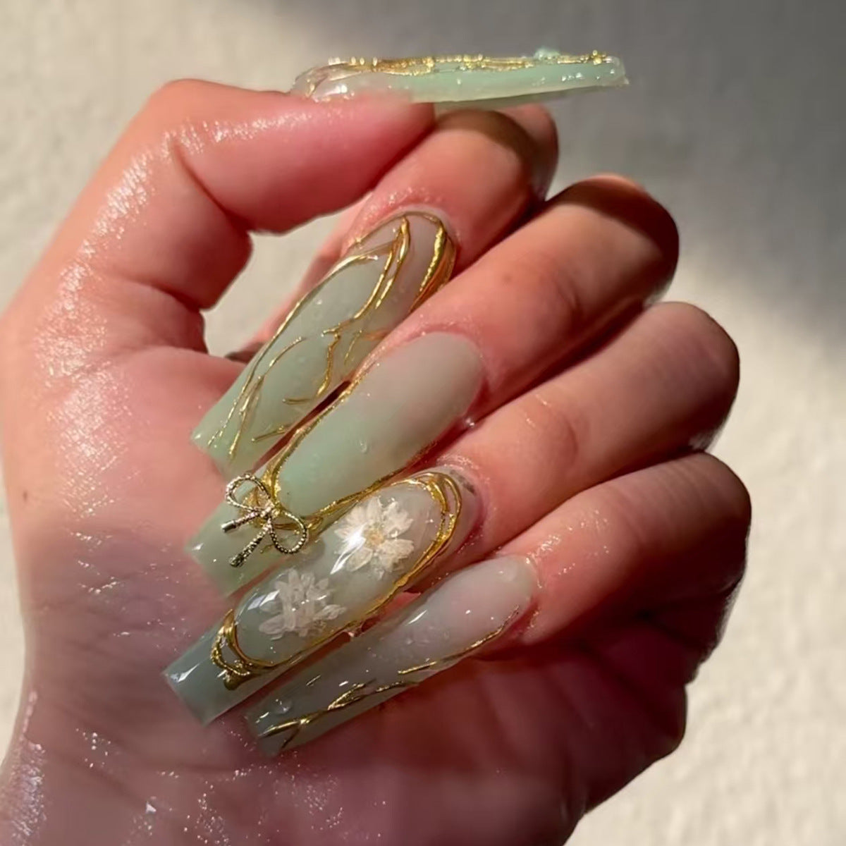 Elegance in Bloom Long Square Green with Floral Accents and Gold Detailing Press On Nail Set