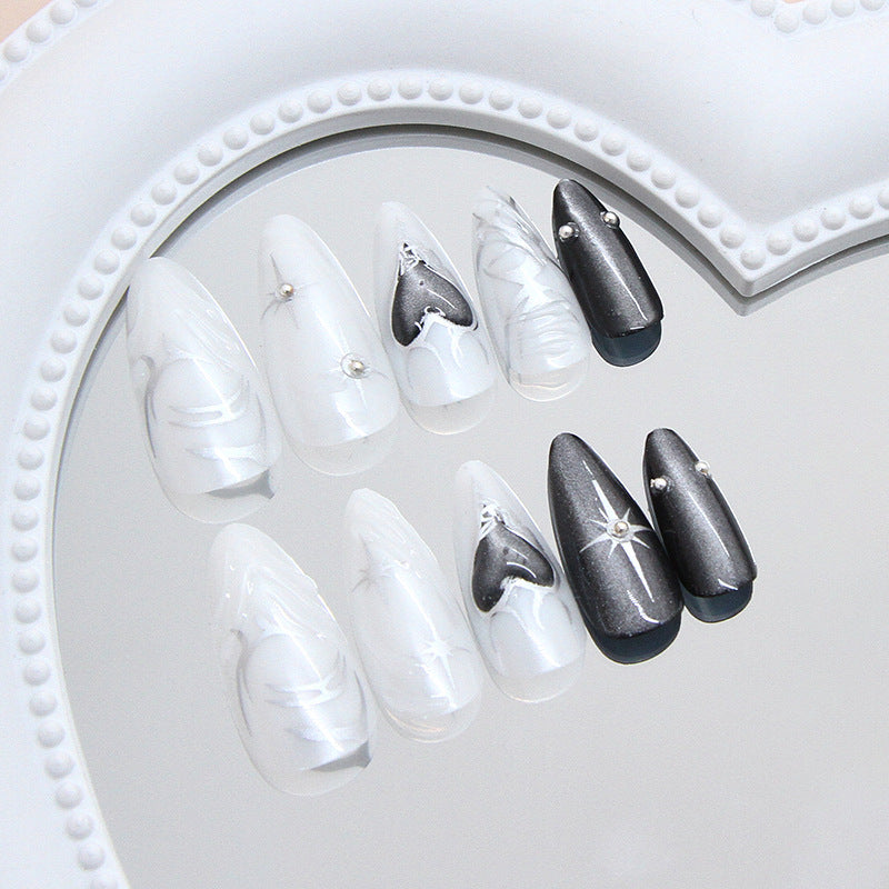 Glamorous Elegance Medium Almond Shape White and Black with Sparkling Gem Accents Press On Nail Set