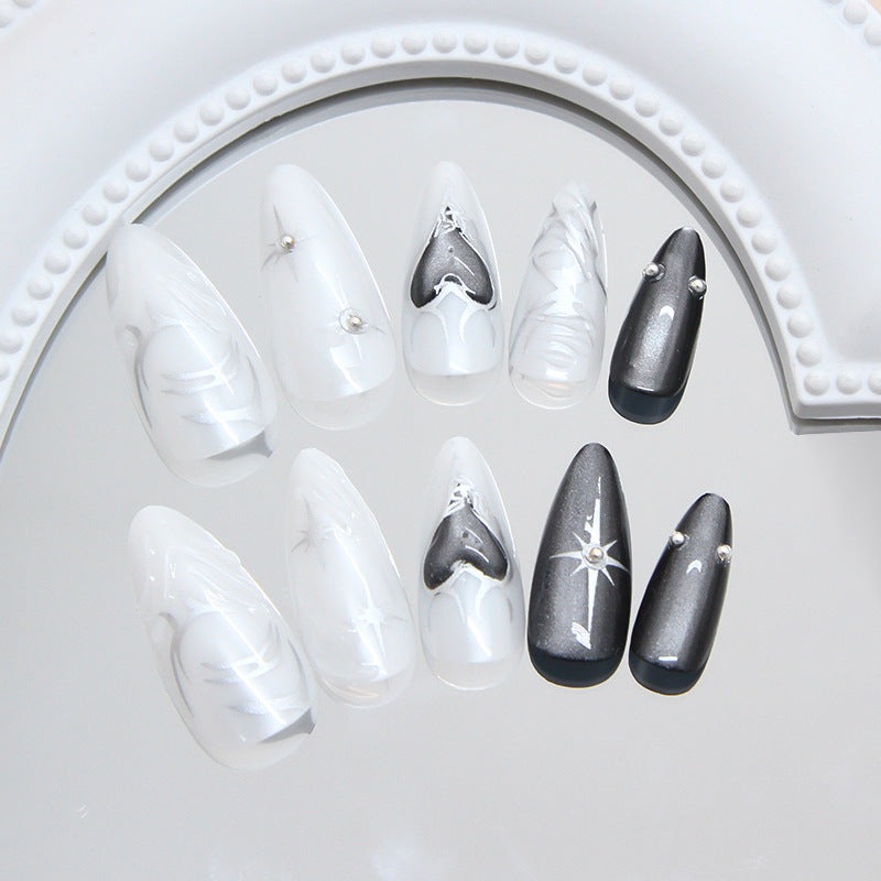 Celestial Elegance Medium Almond Shape Glossy White and Black with Sparkling Accent Nails Set