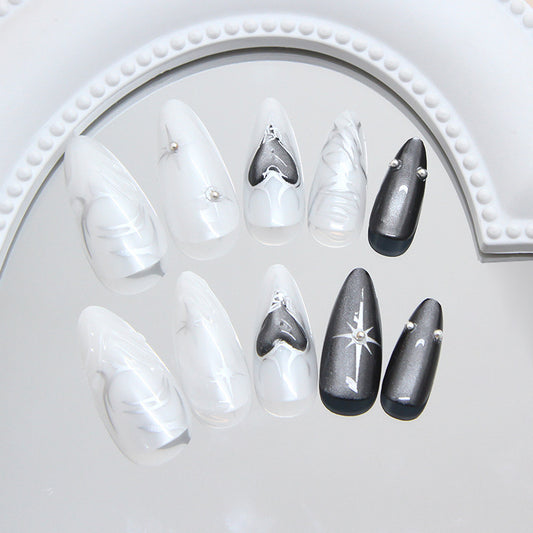 Celestial Elegance Medium Almond Shape Glossy White and Black with Sparkling Accent Nails Set