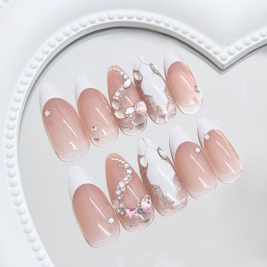 Glamorous Elegance Medium Almond Beige Press On Nail Set with Stunning Gemstone Accents
