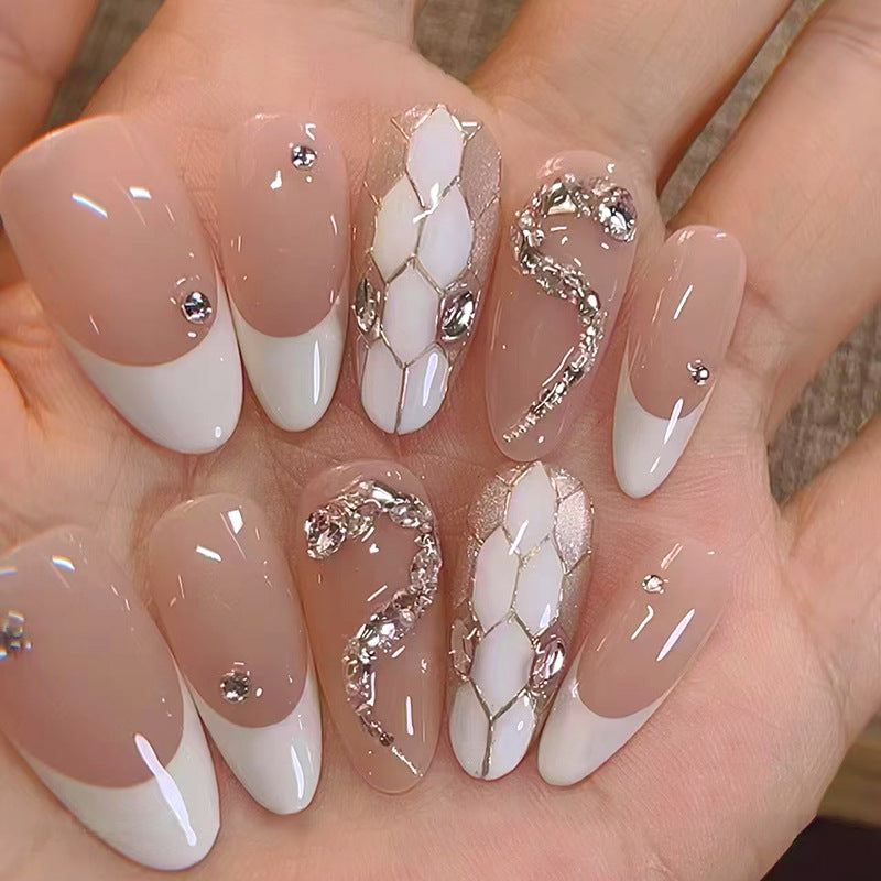 Serpent Glamour Medium Almond Blush Pink and White Press On Nail Set with Rhinestone Accents