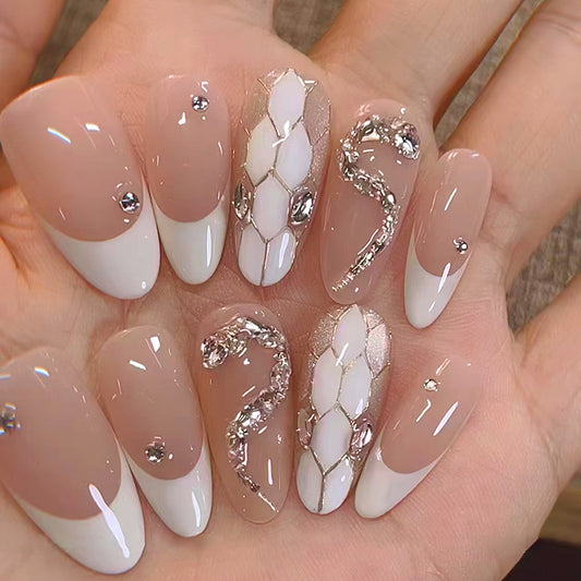 Serpent Glamour Medium Almond Blush Pink and White Press On Nail Set with Rhinestone Accents