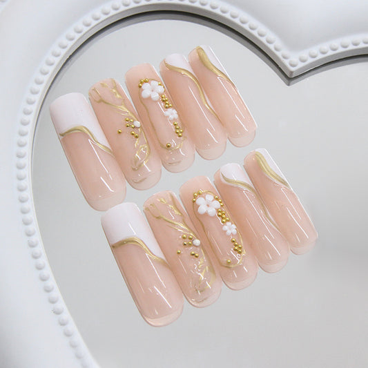 Blossoming Elegance Long Square Pink Nails with Floral Accents and Gold Swirls