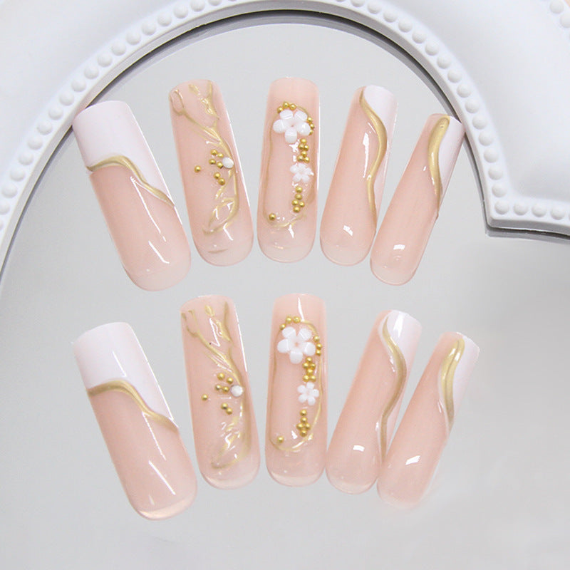 Blossoming Elegance Long Square Blush Pink Press On Nail Set with Floral and Gold Accents