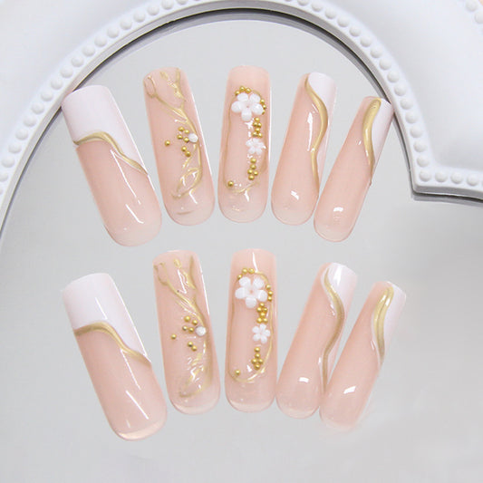 Blossoming Elegance Long Square Blush Pink Press On Nail Set with Floral and Gold Accents