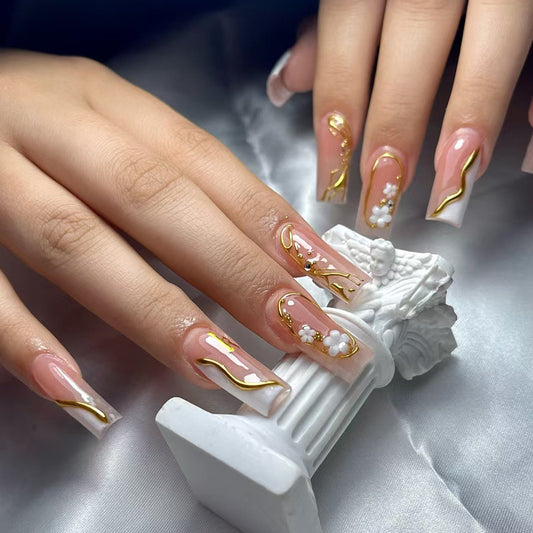 Elegant Floral Bliss Long Square Transparent Nails with Gold Accents and Charming Flower Designs