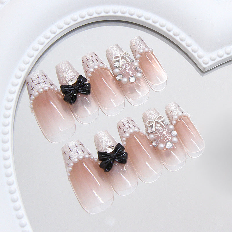 Elegant Fairy Tale Inspired Long Coffin Pink with Chic Bows and Glamorous Pearl Accents Press-On Nail Set